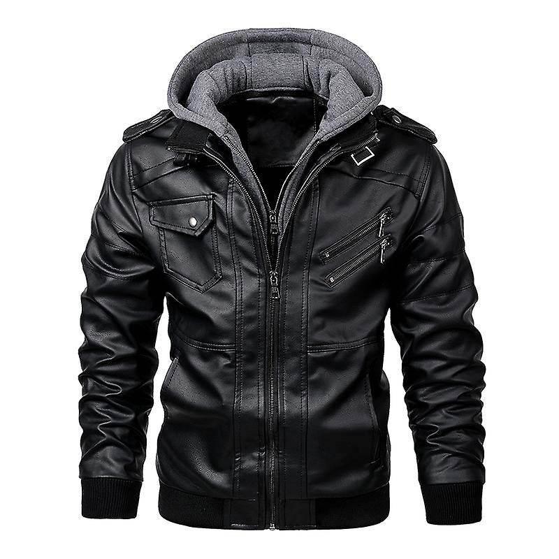Men Leather Bomber Jacket with Removable Hood