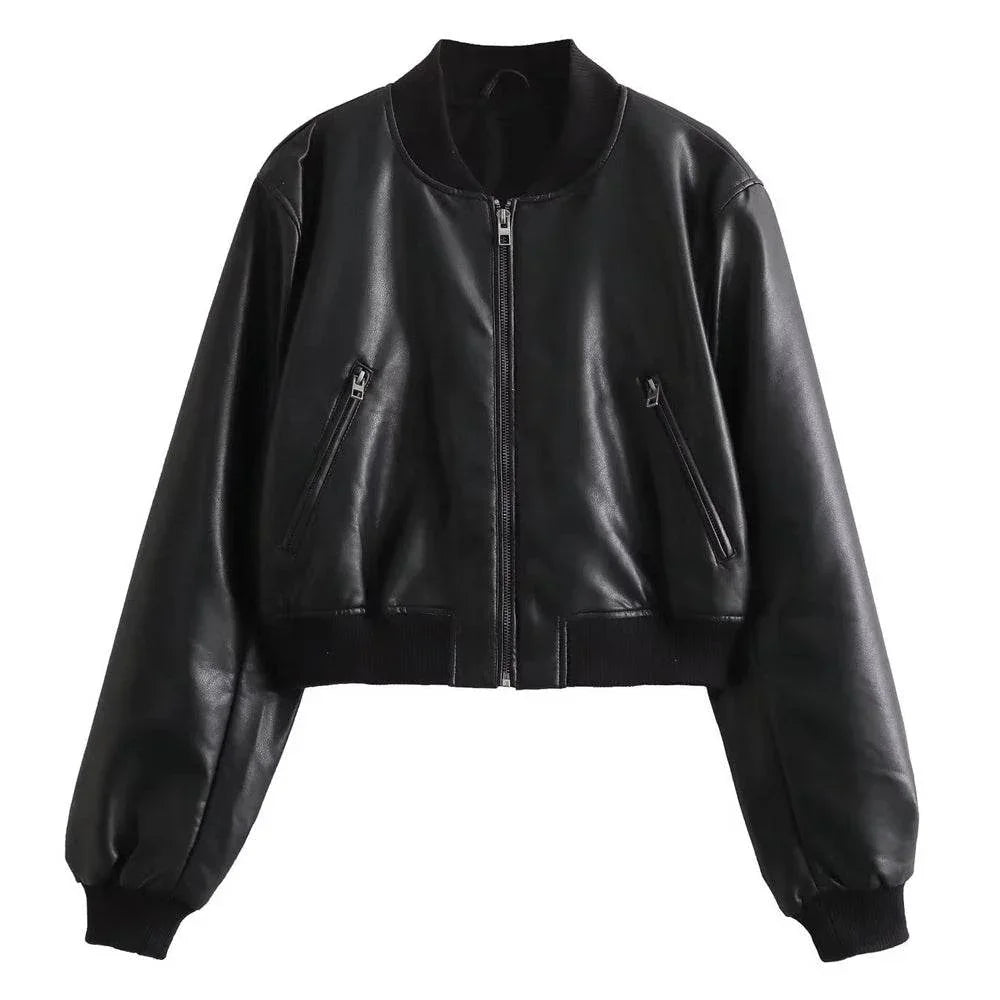 Womens Black Leather Cropped Bomber Jacket