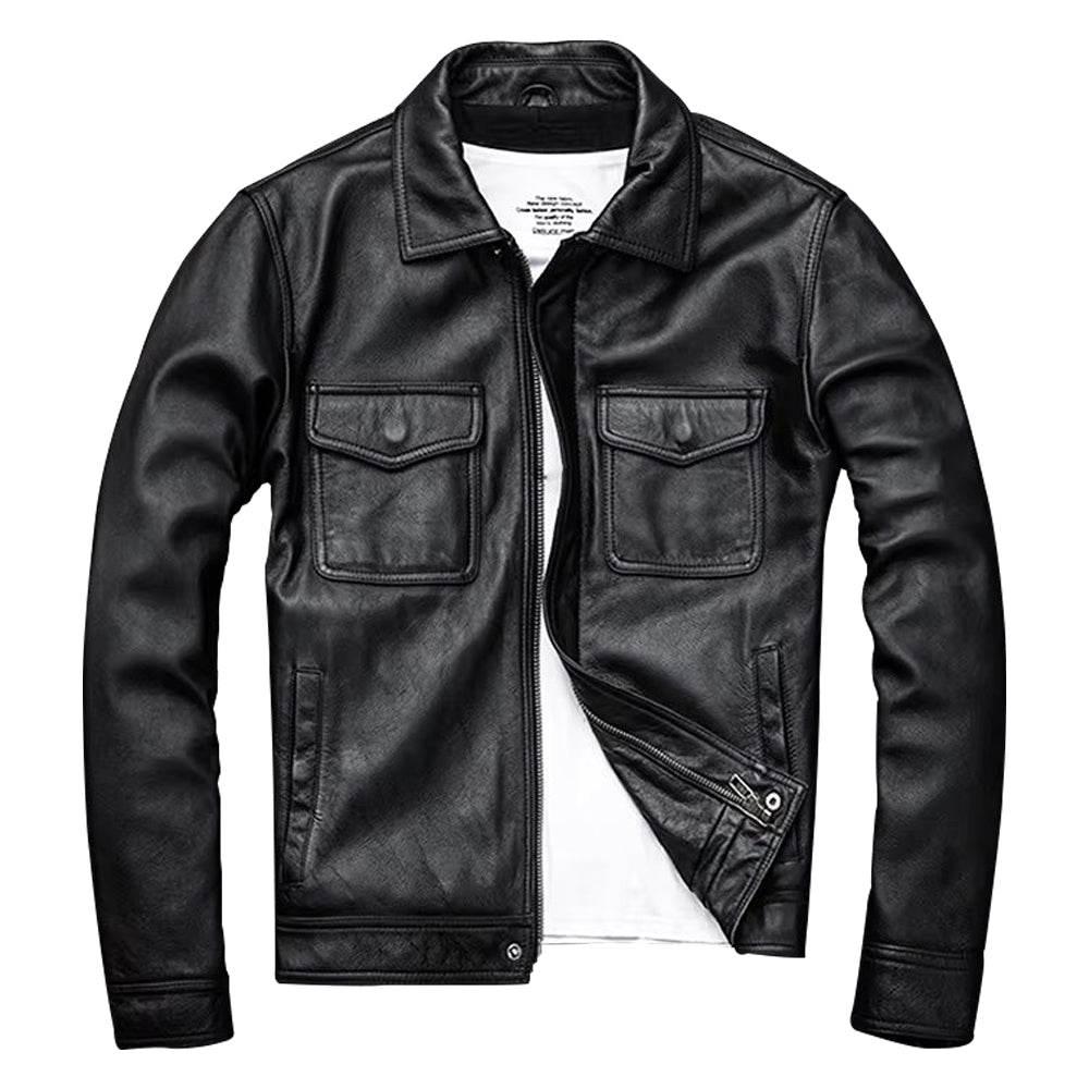 Black Leather Trucker Jacket For Men
