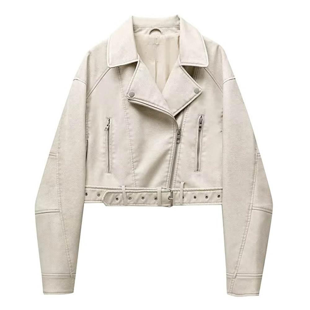Women Asymmetrical Off White Vintage Real Leather Biker Style Jacket