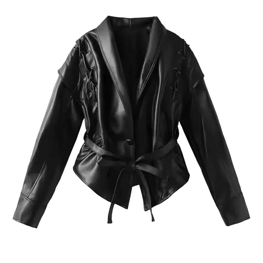 Womens Black Real Leather Jacket With One Button and Belted Waist