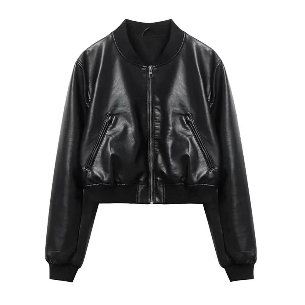 Womens Black Real Leather Bomber Jacket Stand Collar