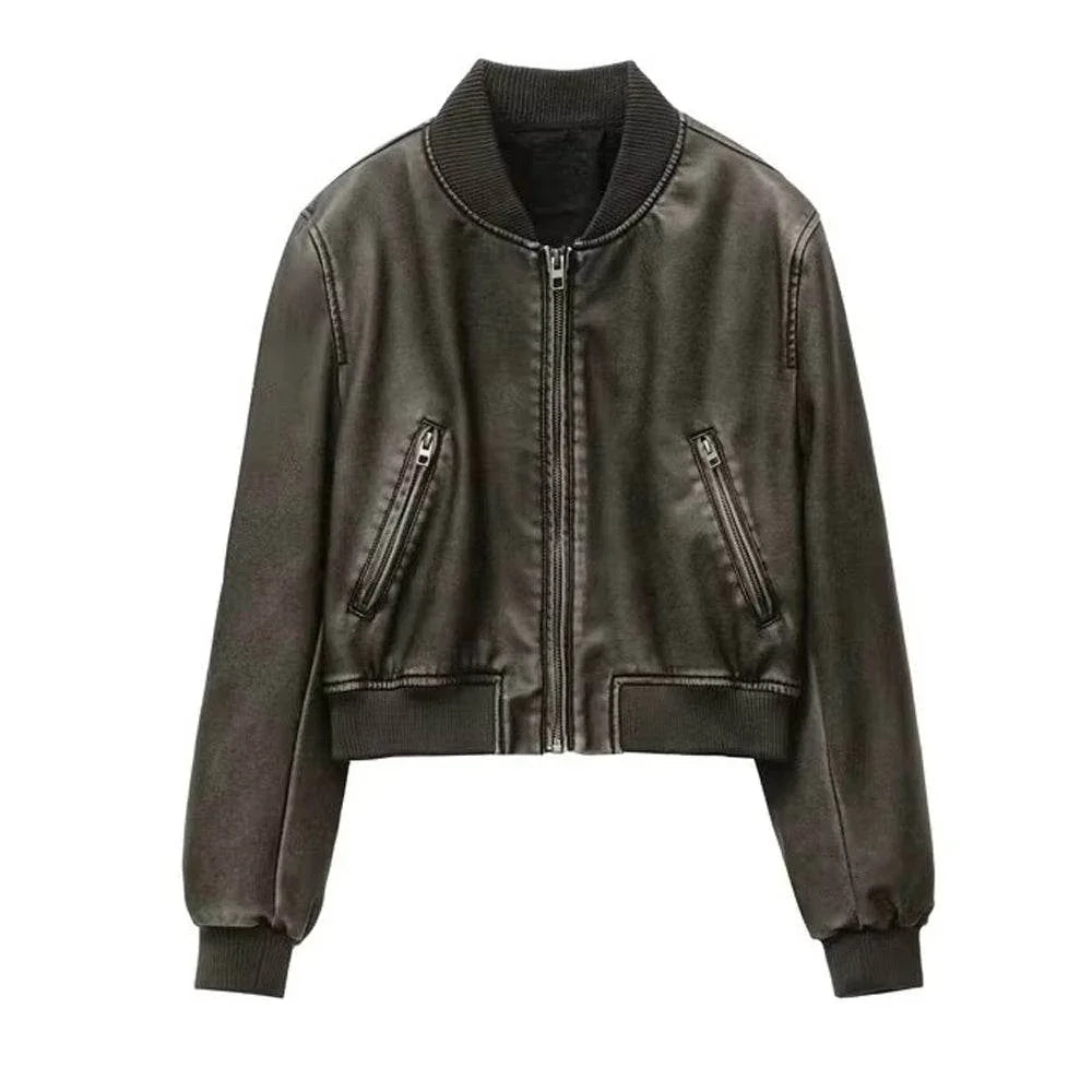 Womens Lambskin Leather Bomber Jacket Stand Collar