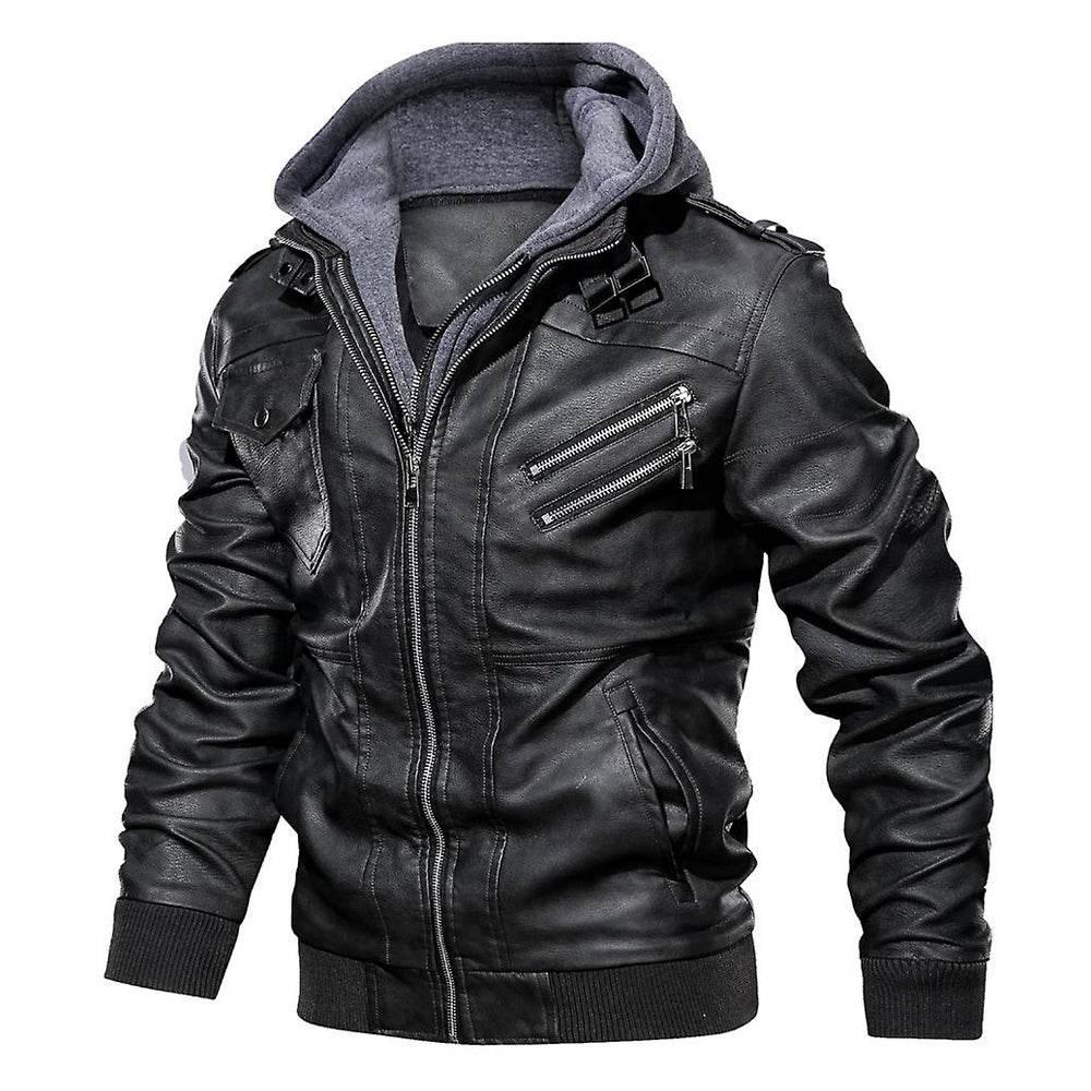 Men Leather Bomber Jacket with Removable Hood