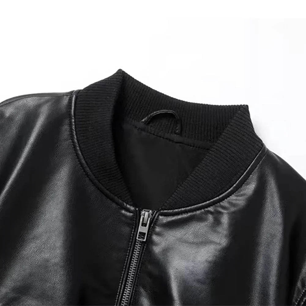 Womens Black Real Leather Bomber Jacket Stand Collar
