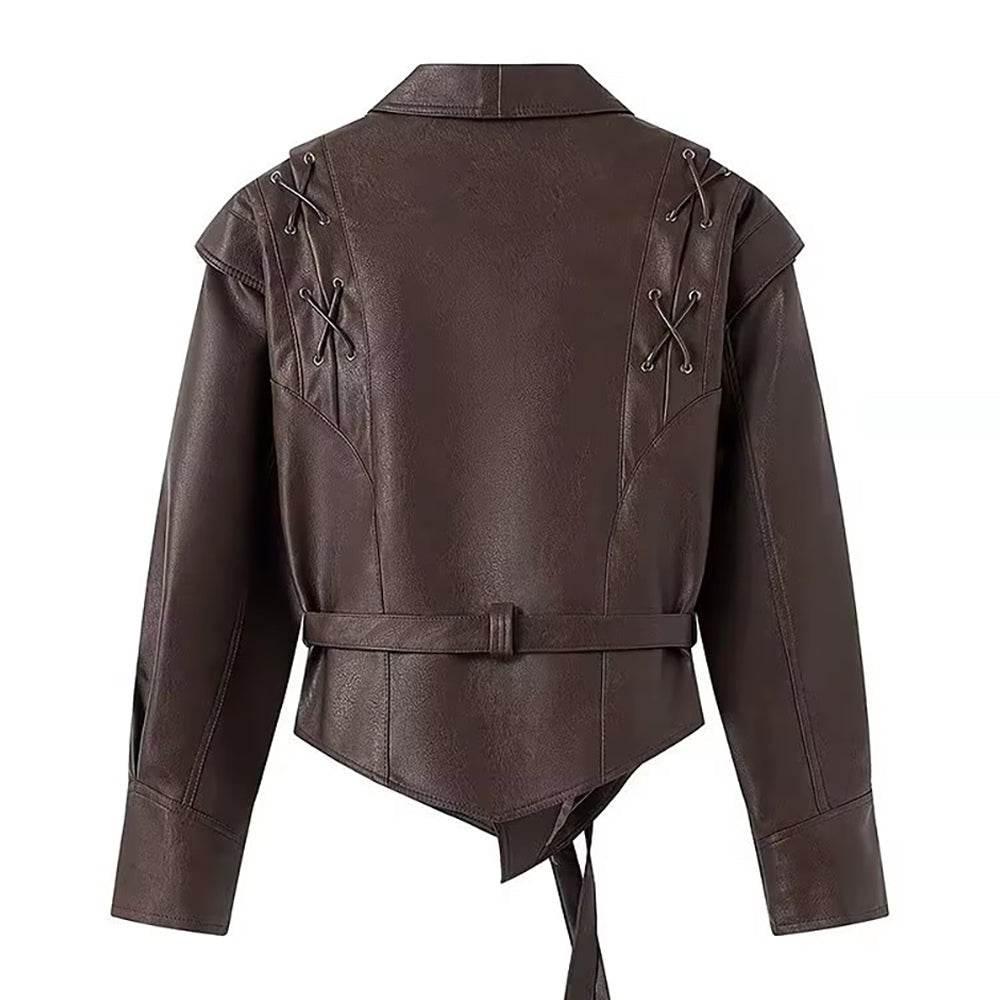 Womens Brown One Button Belted Leather Jacket