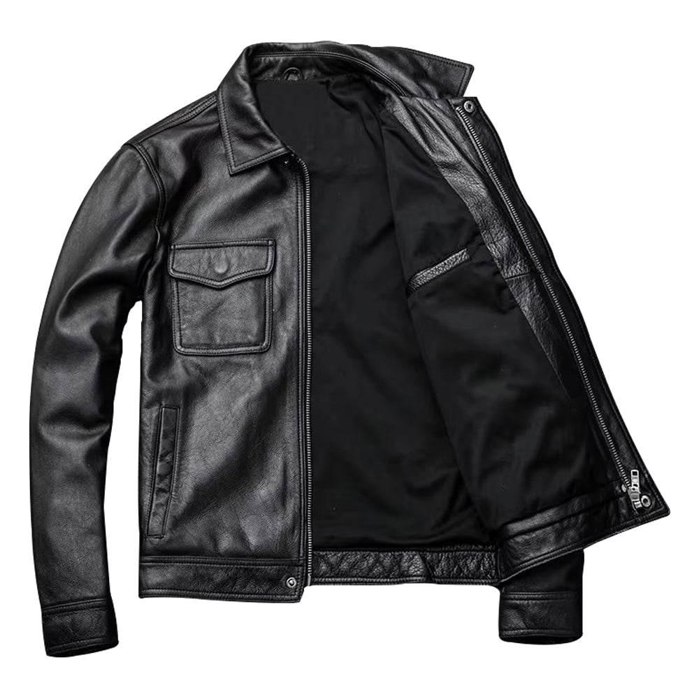 Black Leather Trucker Jacket For Men
