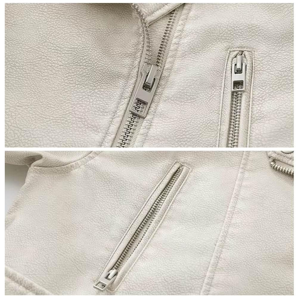 Womens Off White Asymmetrical Leather Biker Jacket