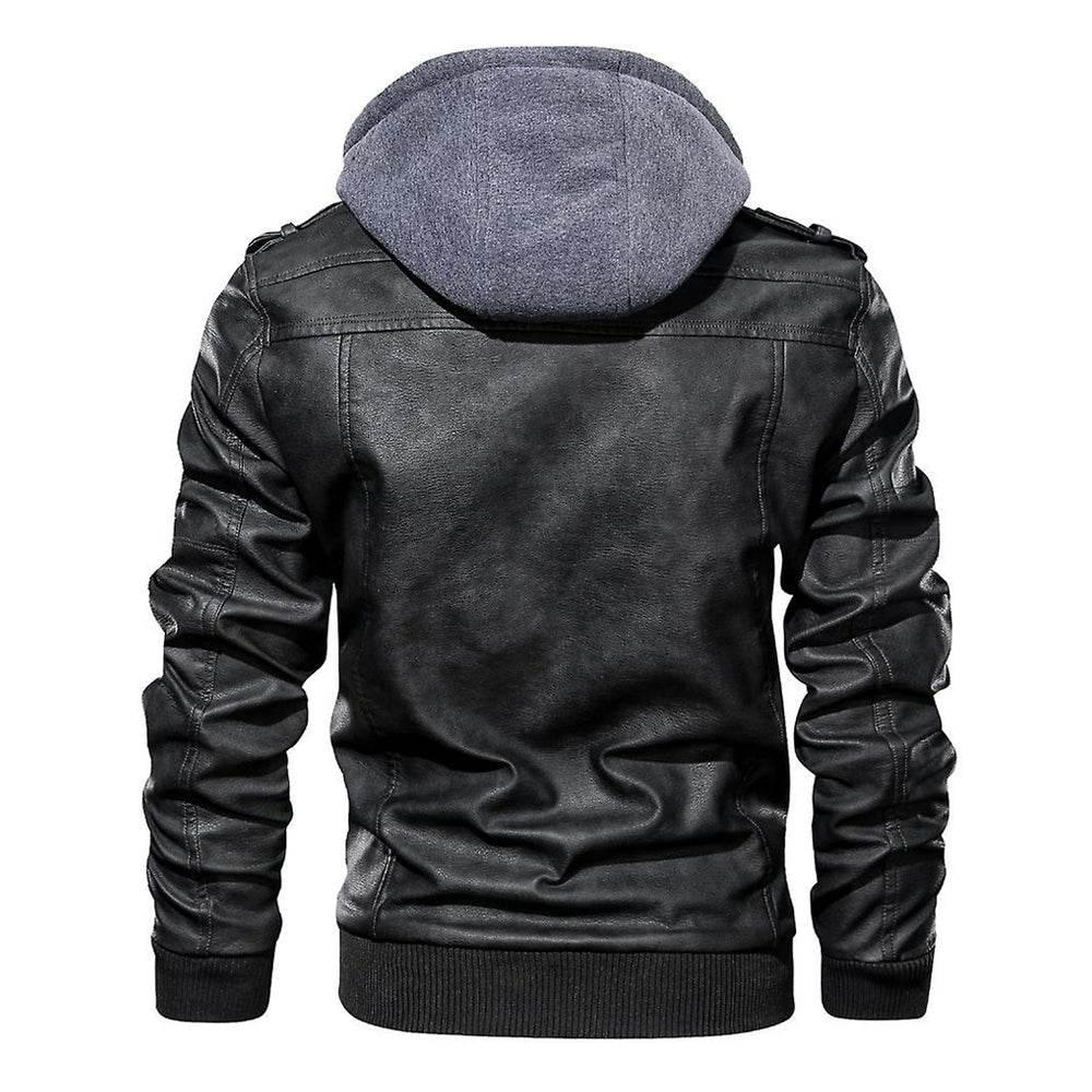 Men Leather Bomber Jacket with Removable Hood