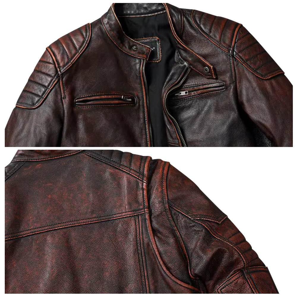 Vintage Red Brown Leather Cafe Racer Jacket For Men