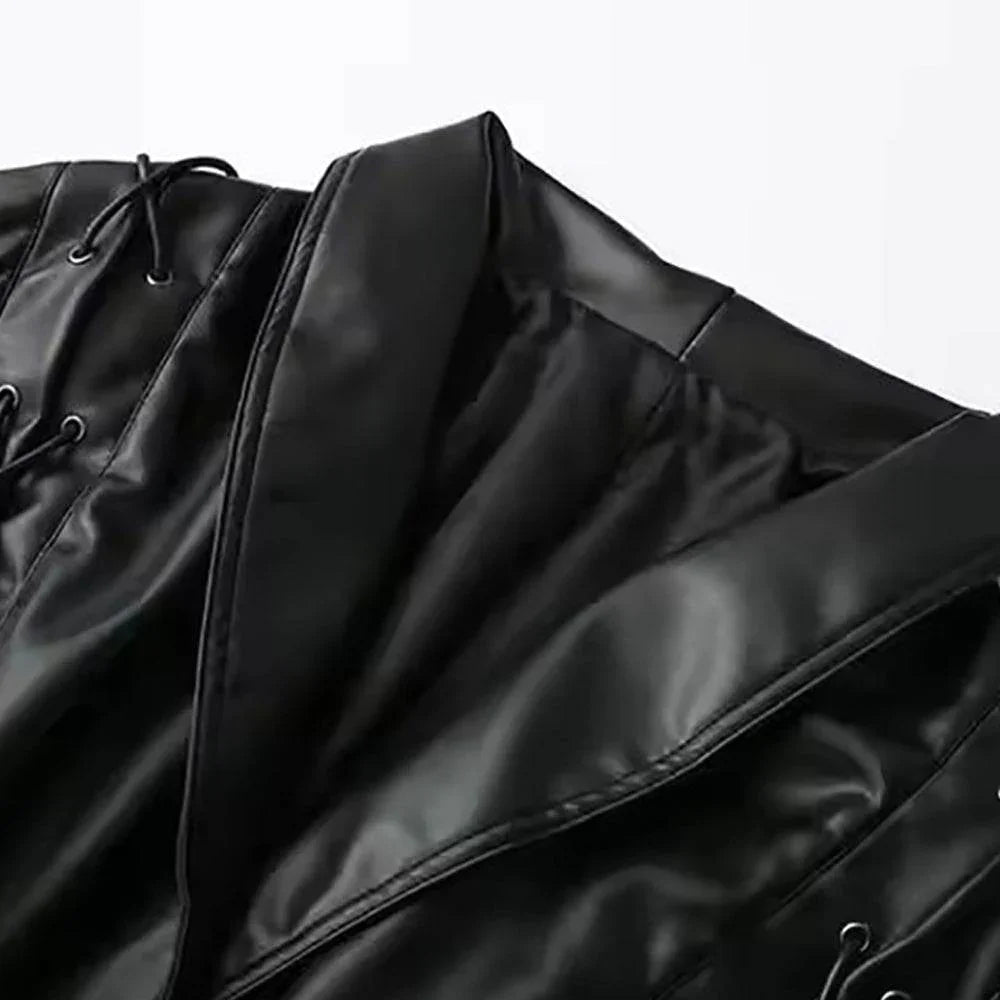 Womens Black Real Leather Jacket With One Button and Belted Waist