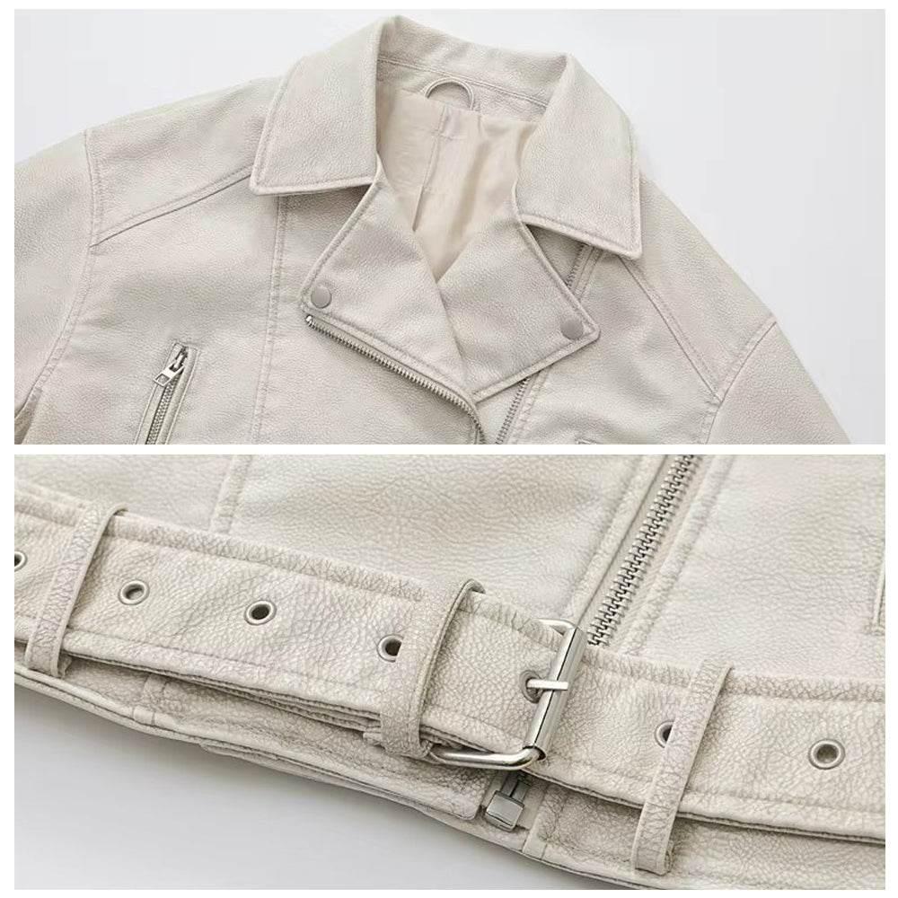 Womens Off White Asymmetrical Leather Biker Jacket