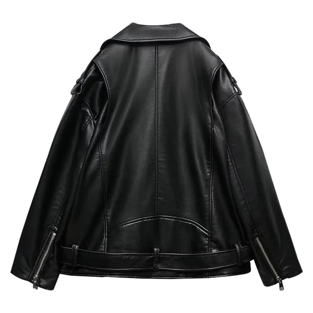 Womens Oversized Asymmetrical Black Leather Biker Jacket