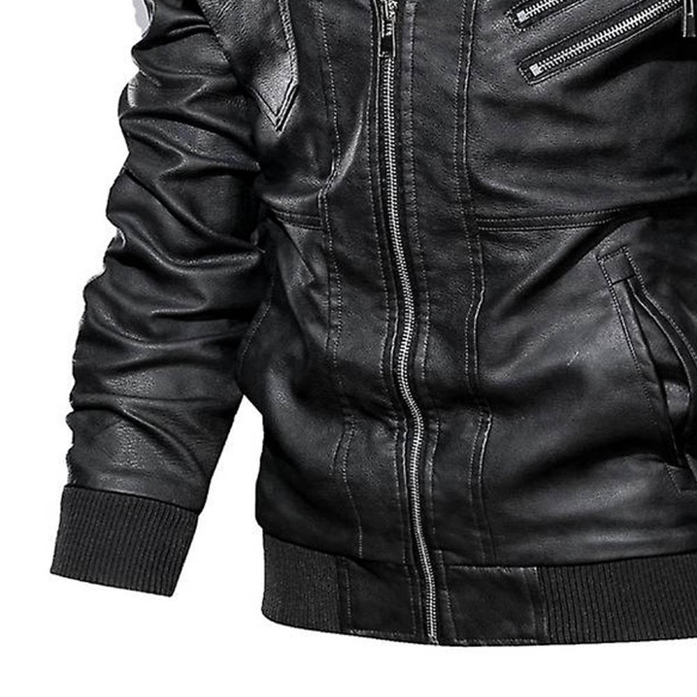 Men Leather Bomber Jacket with Removable Hood