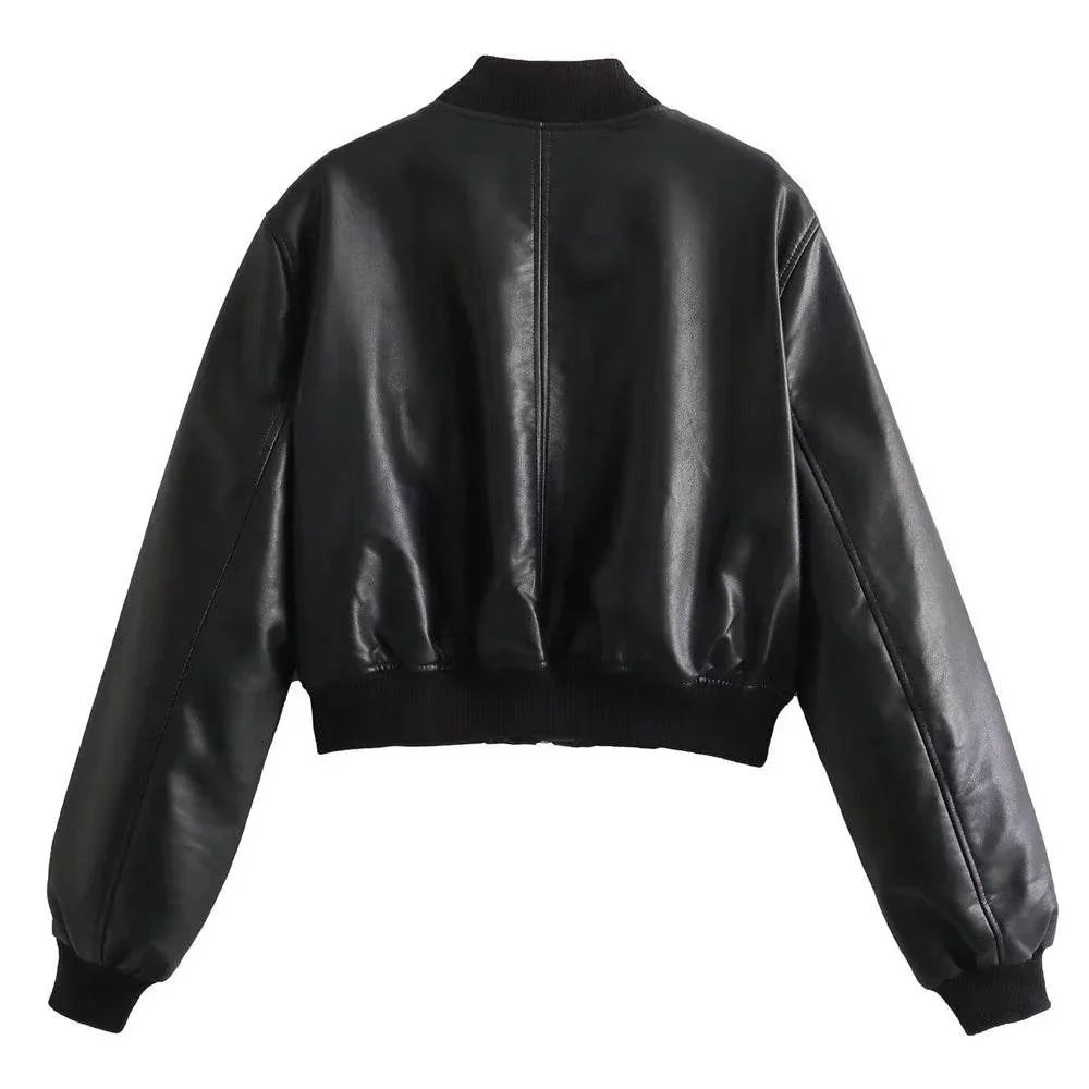 Womens Black Leather Cropped Bomber Jacket