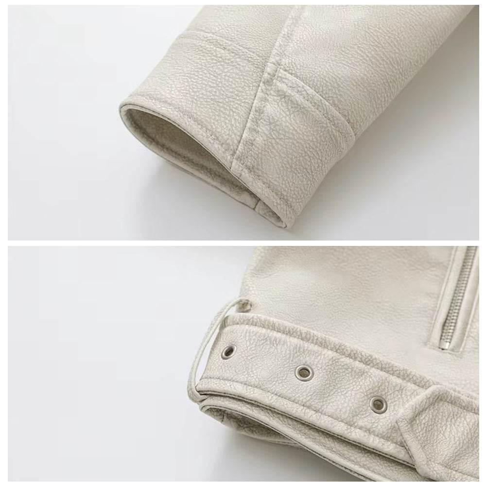 Womens Off White Asymmetrical Leather Biker Jacket