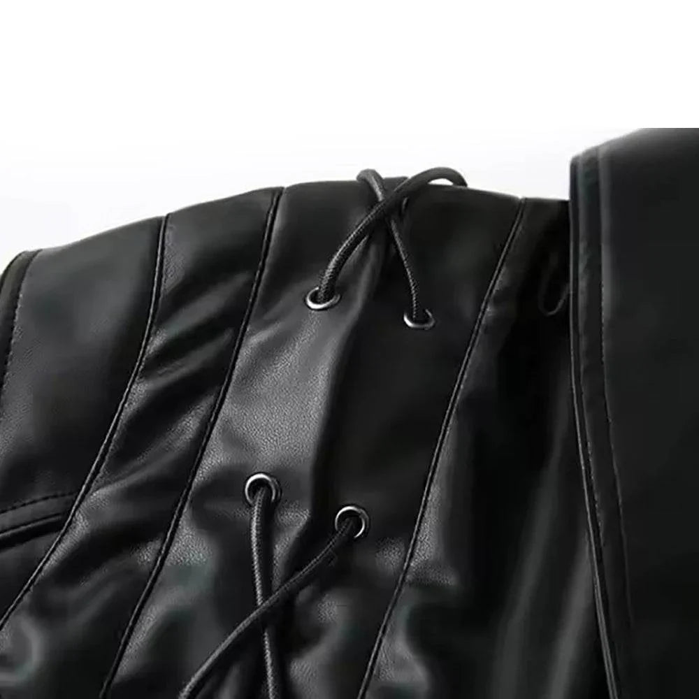 Womens Black Real Leather Jacket With One Button and Belted Waist