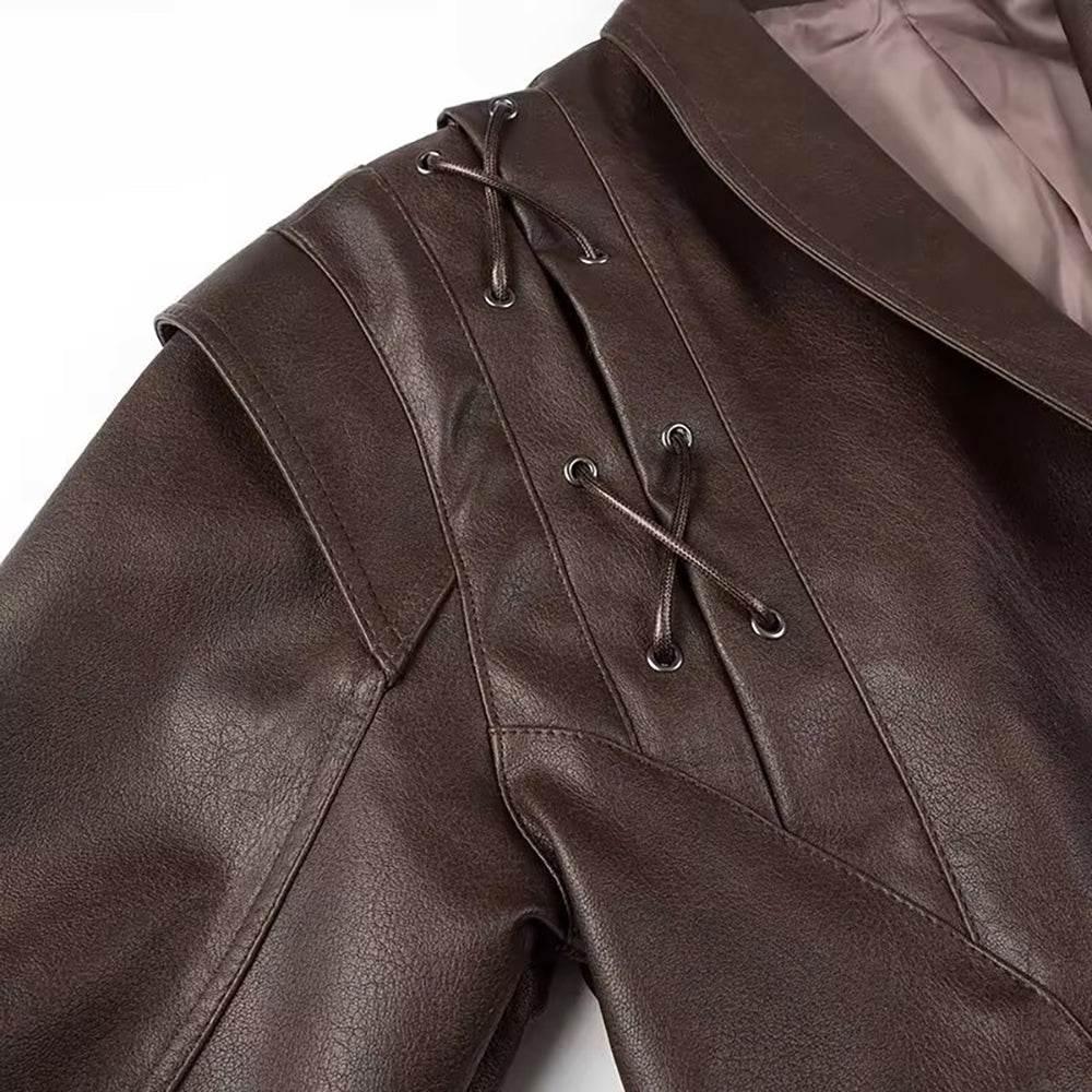 Womens Brown One Button Belted Leather Jacket