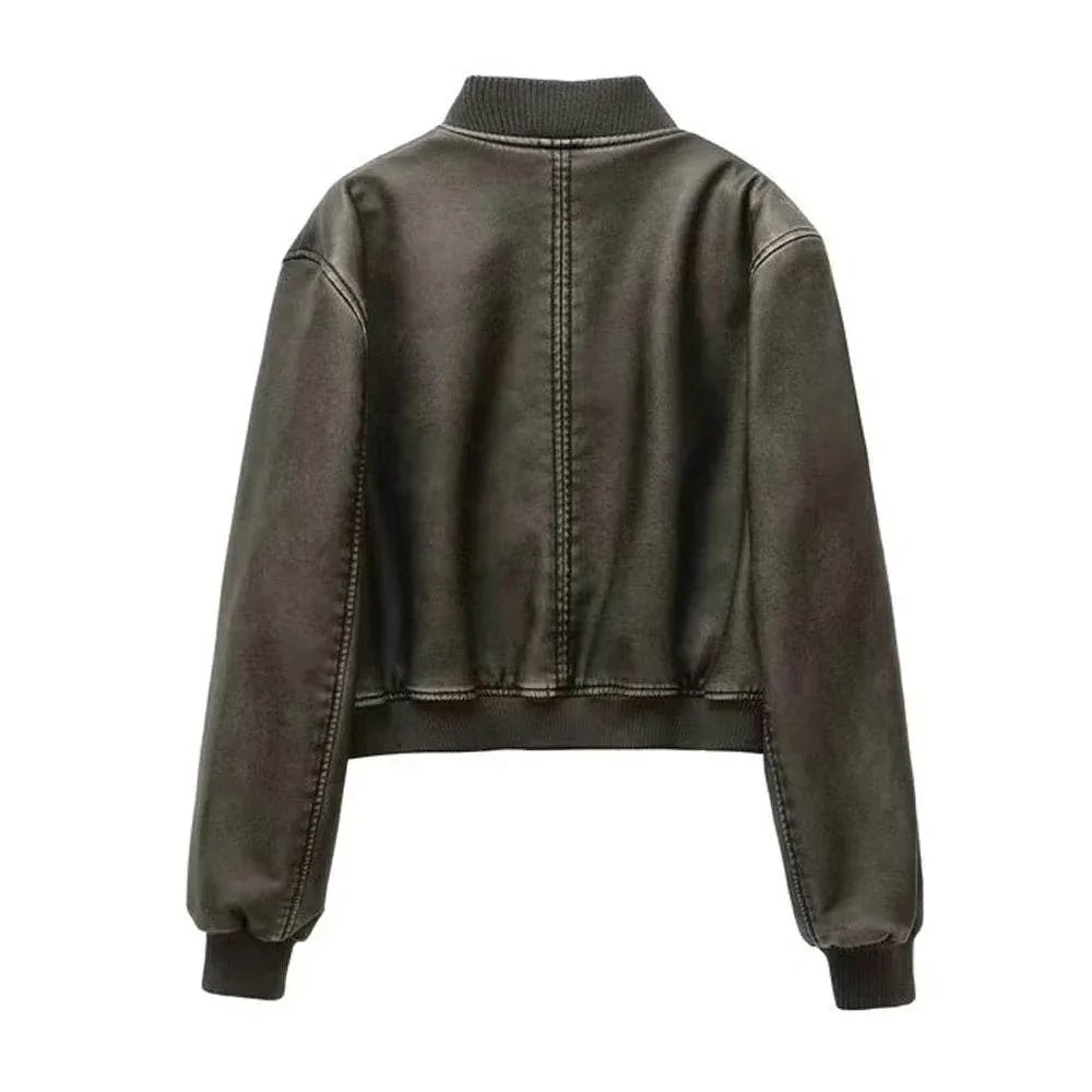 Womens Lambskin Leather Bomber Jacket Stand Collar