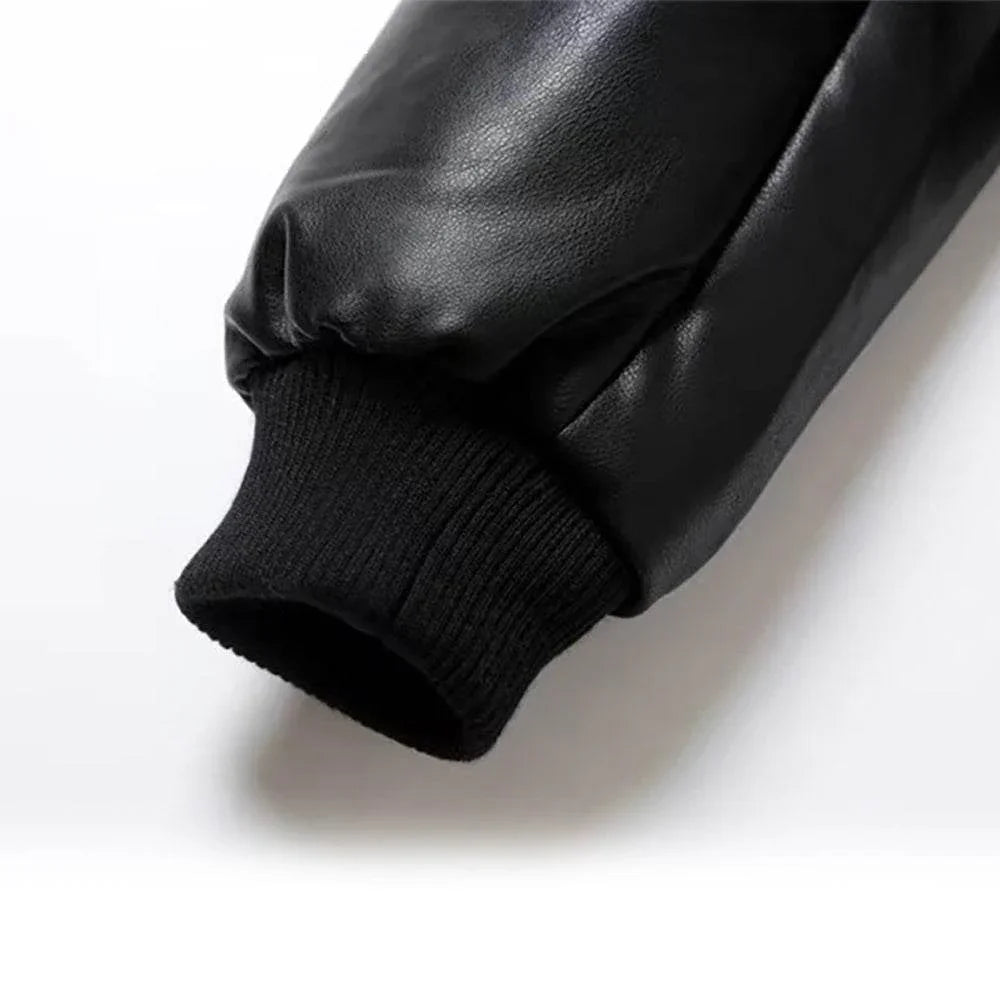 Womens Black Real Leather Bomber Jacket Stand Collar