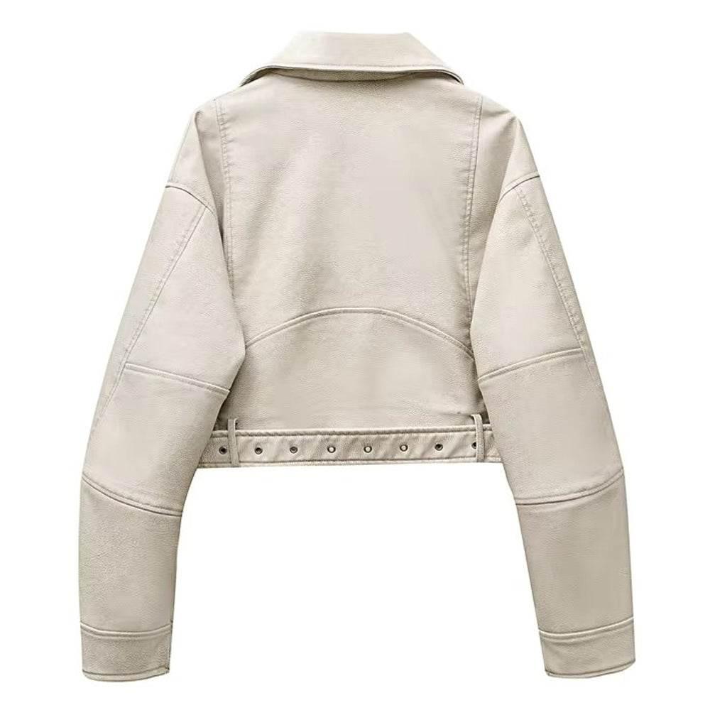 Womens Off White Asymmetrical Leather Biker Jacket