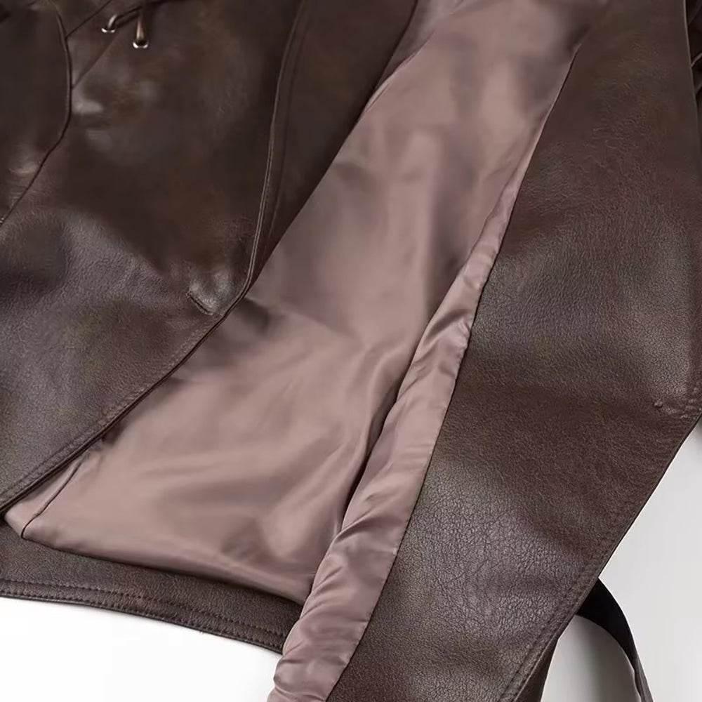 Womens Brown One Button Belted Leather Jacket