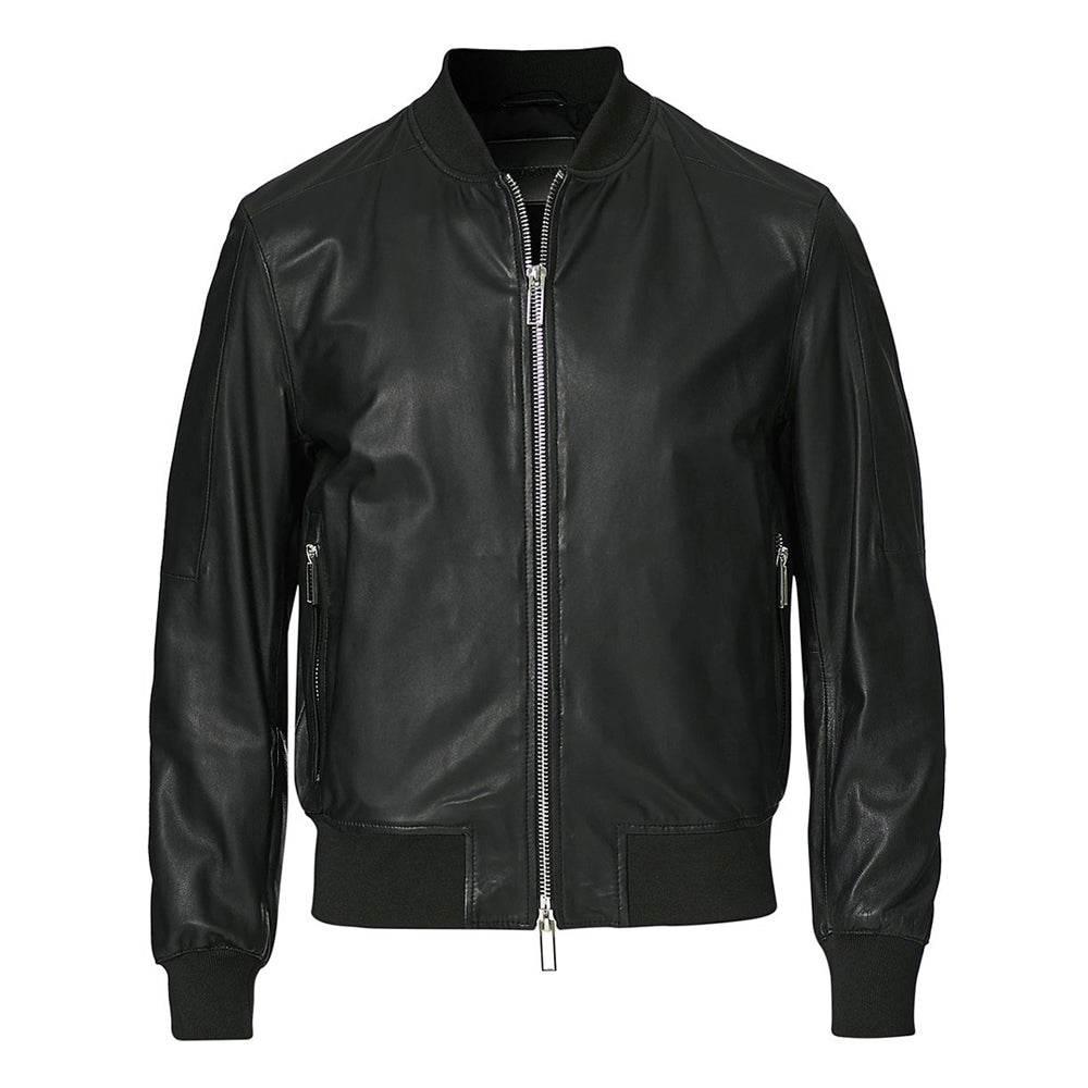 Mens Black Real Leather Bomber Jacket