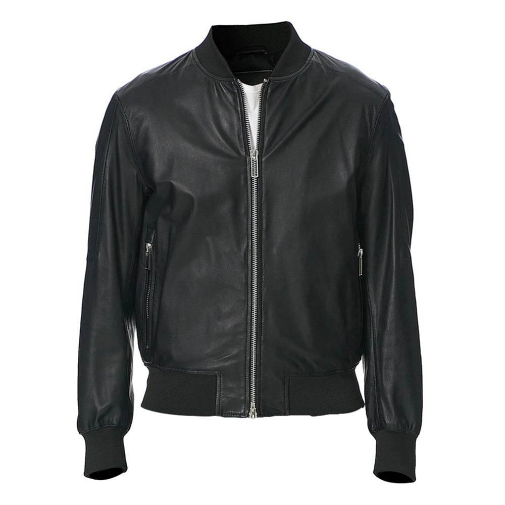 Mens Black Real Leather Bomber Jacket