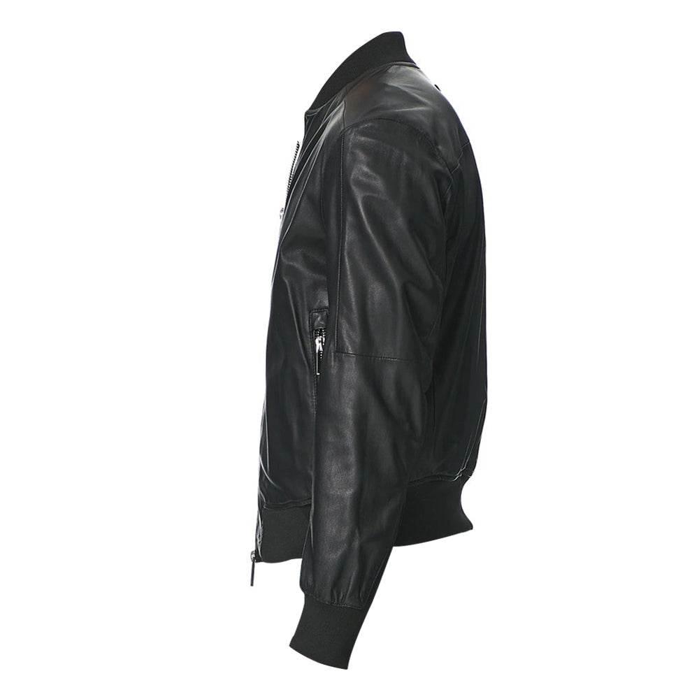 Mens Black Real Leather Bomber Jacket