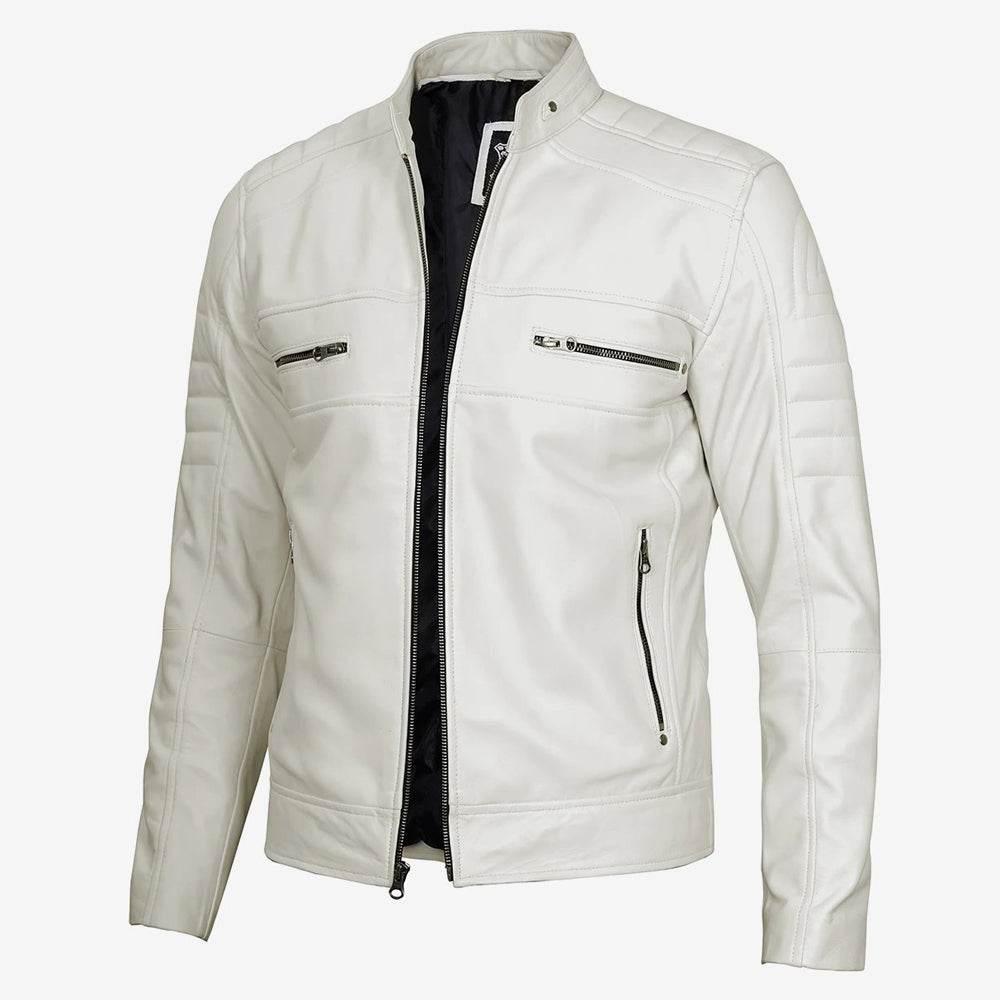 Mens White Cafe Racer Leather Jacket, Clean Cut Classic