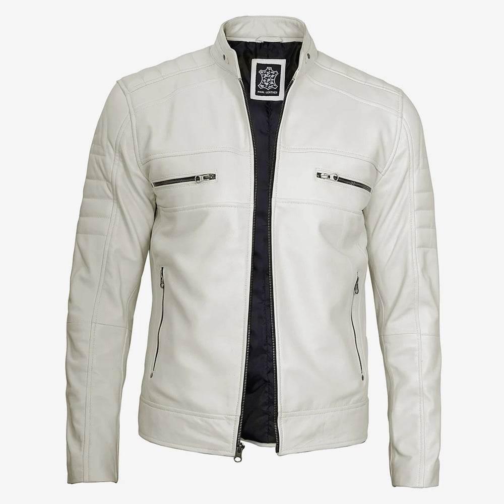 Mens White Cafe Racer Leather Jacket, Clean Cut Classic