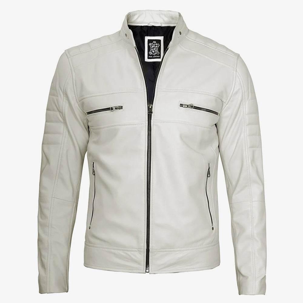 Mens White Cafe Racer Leather Jacket, Clean Cut Classic