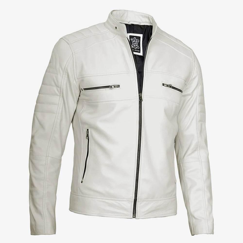 Mens White Cafe Racer Leather Jacket, Clean Cut Classic