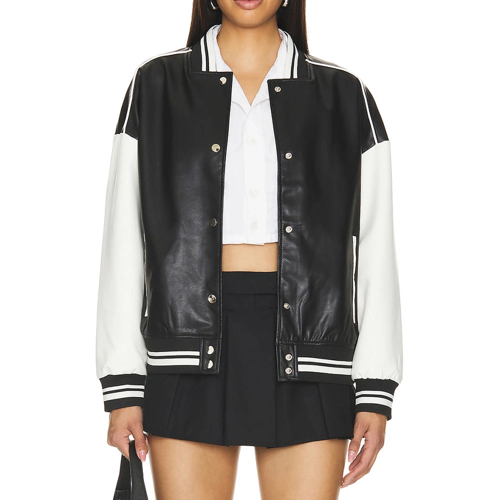 Womens Black and White Real Leather Varsity