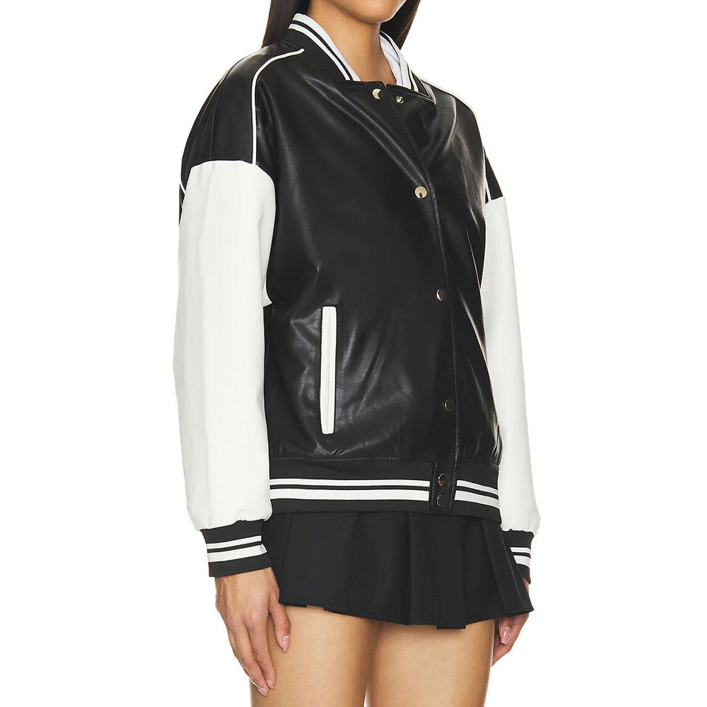 Womens Black and White Real Leather Varsity