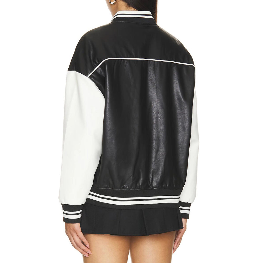 Womens Black and White Real Leather Varsity