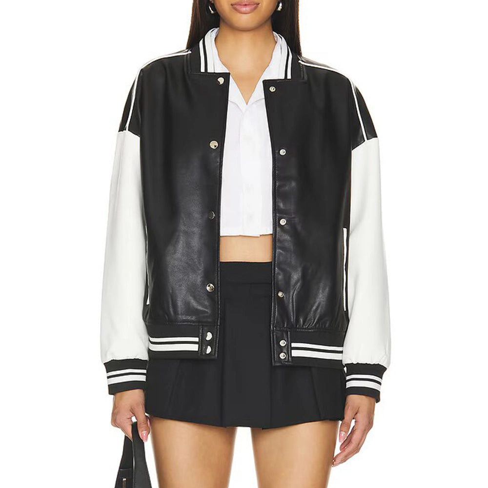 Womens Black and White Real Leather Varsity