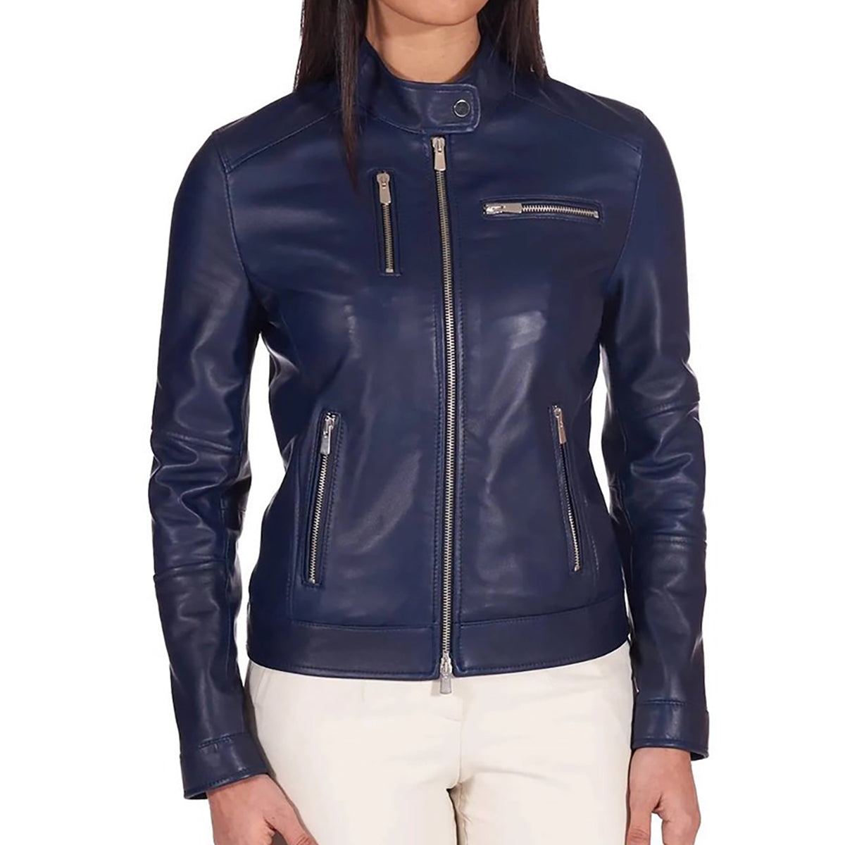Women's Navy Blue Genuine Leather Motorcycle Jacket