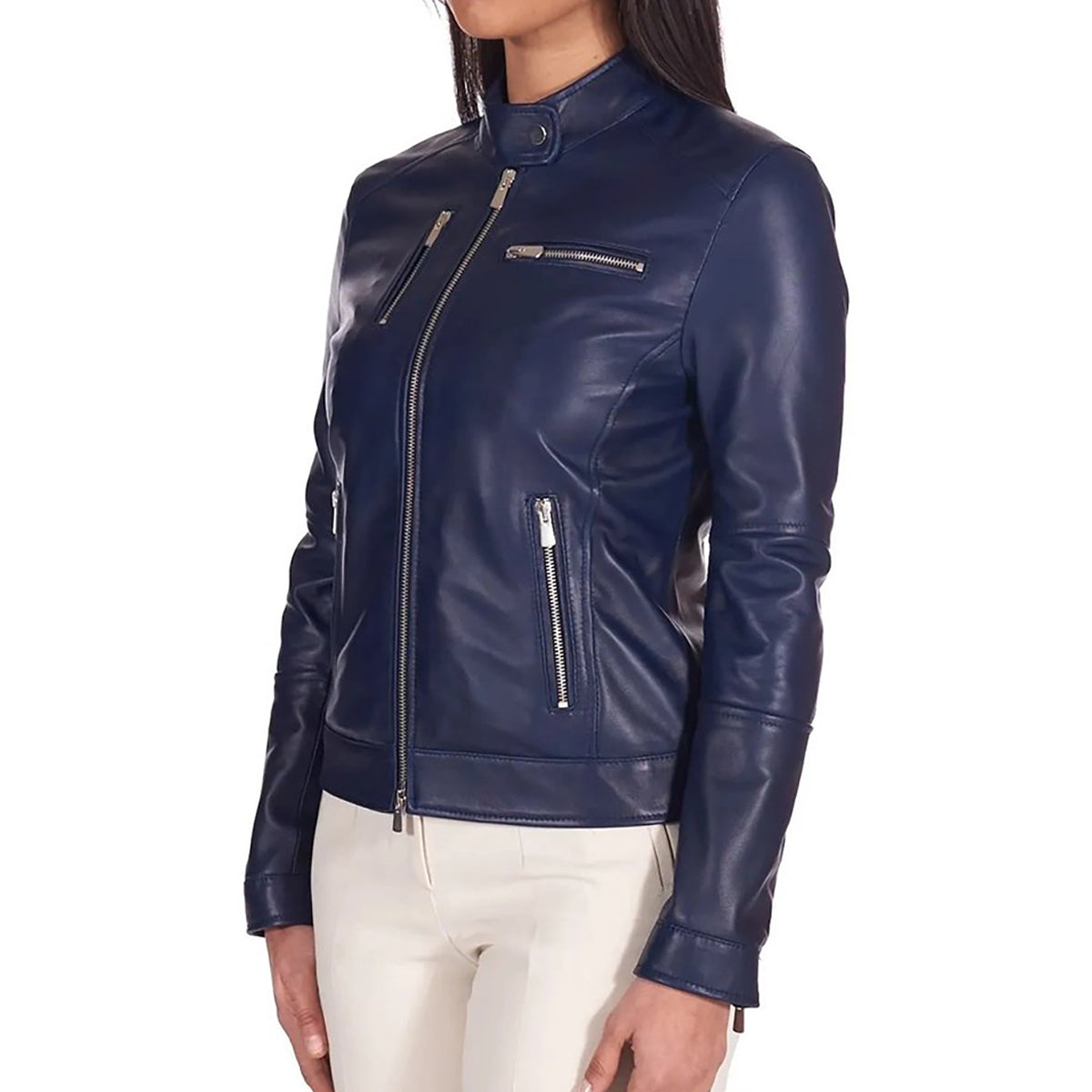 Women's Navy Blue Genuine Leather Motorcycle Jacket 1