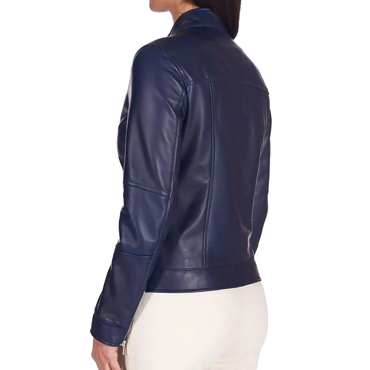 Women's Navy Blue Genuine Leather Motorcycle Jacket 2