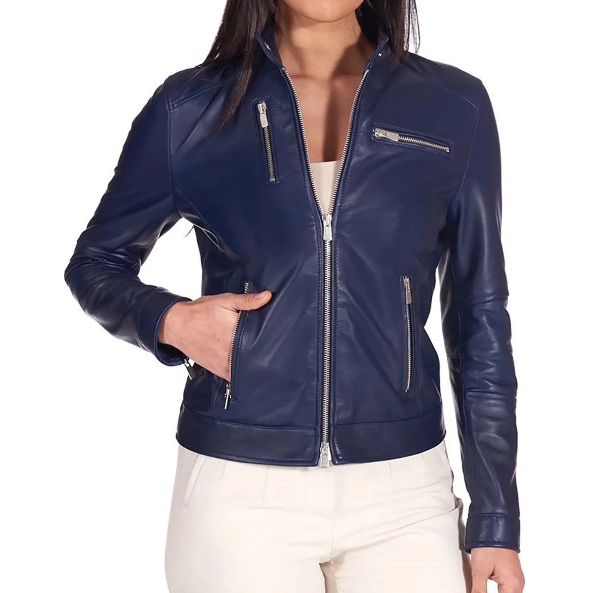 Women's Navy Blue Genuine Leather Motorcycle Jacket 3