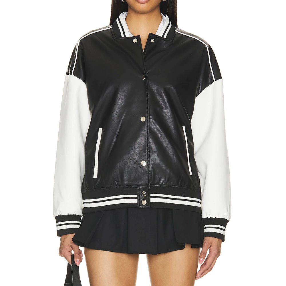 Womens Black and White Real Leather Varsity