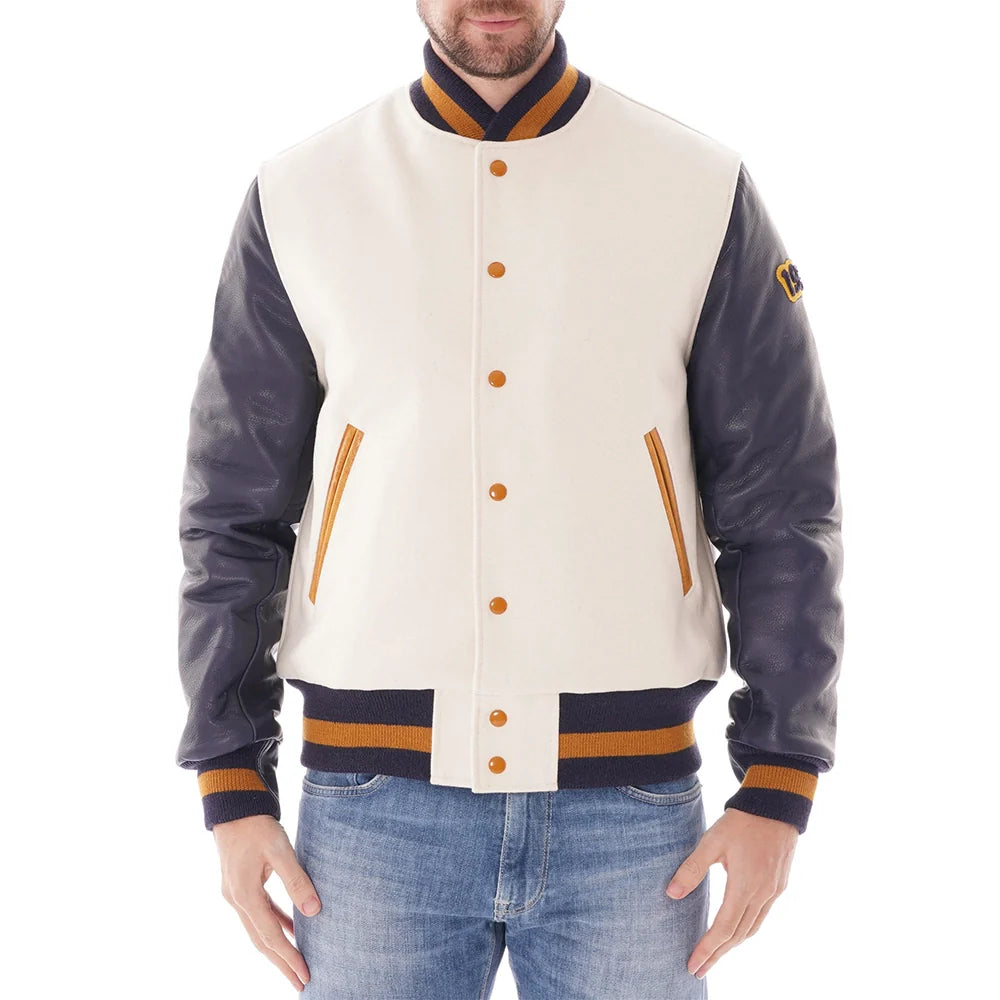 Men’s White Wool Varsity Jacket with Navy Leather Sleeves