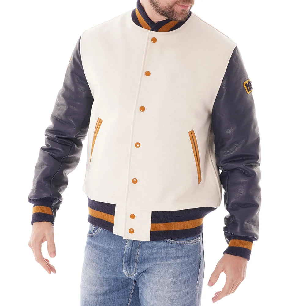 Men’s White Wool Varsity Jacket with Navy Leather Sleeves