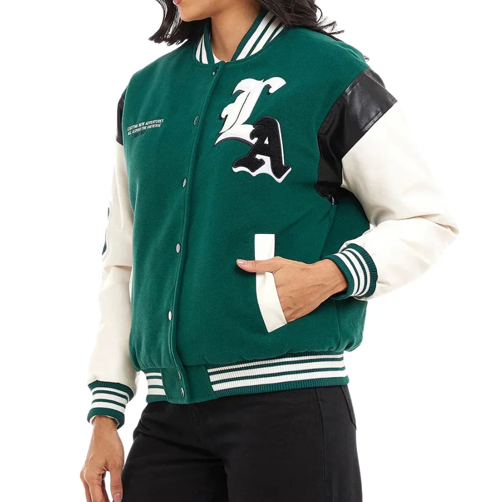 Women’s Green & White Patch Varsity Jacket
