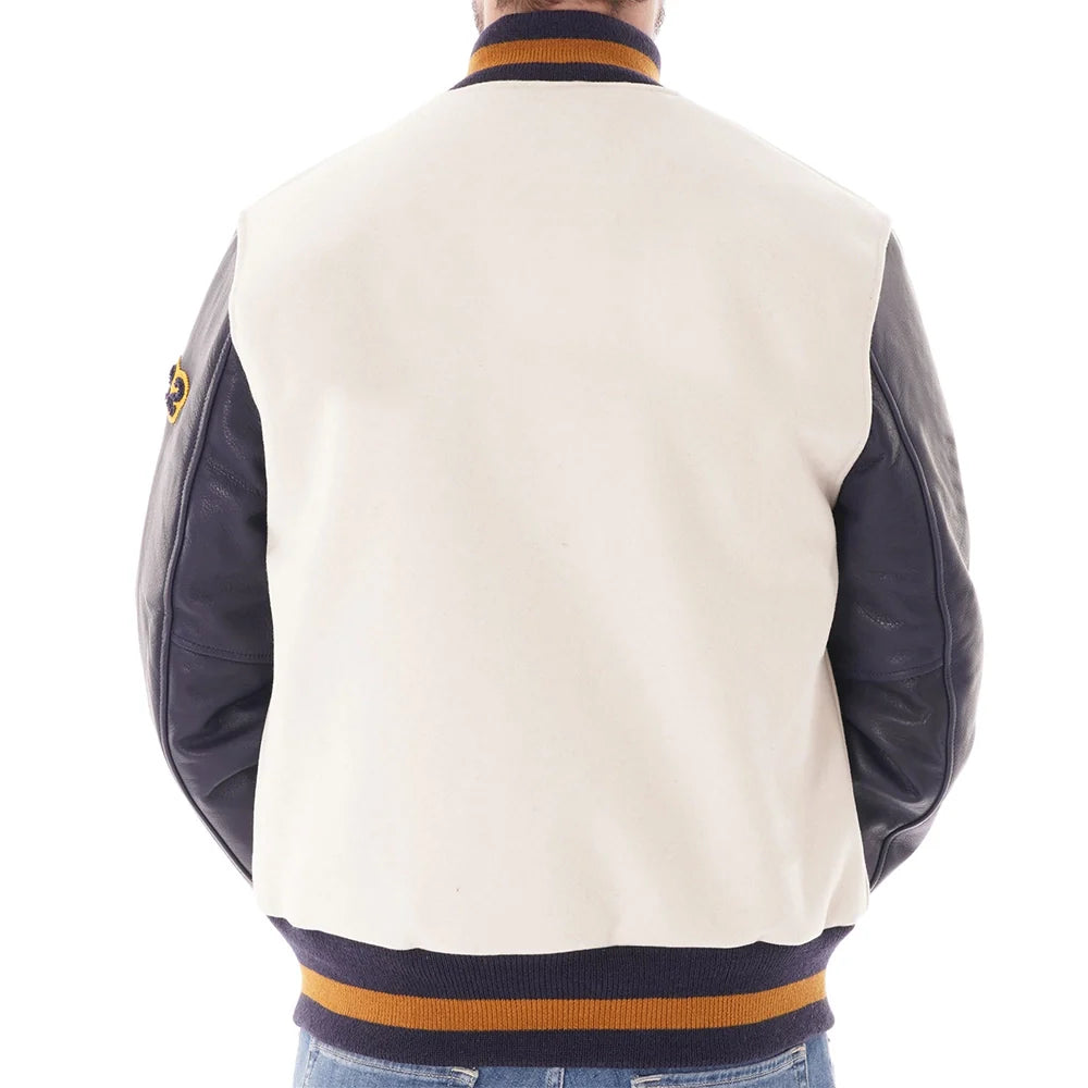 Men’s White Wool Varsity Jacket with Navy Leather Sleeves