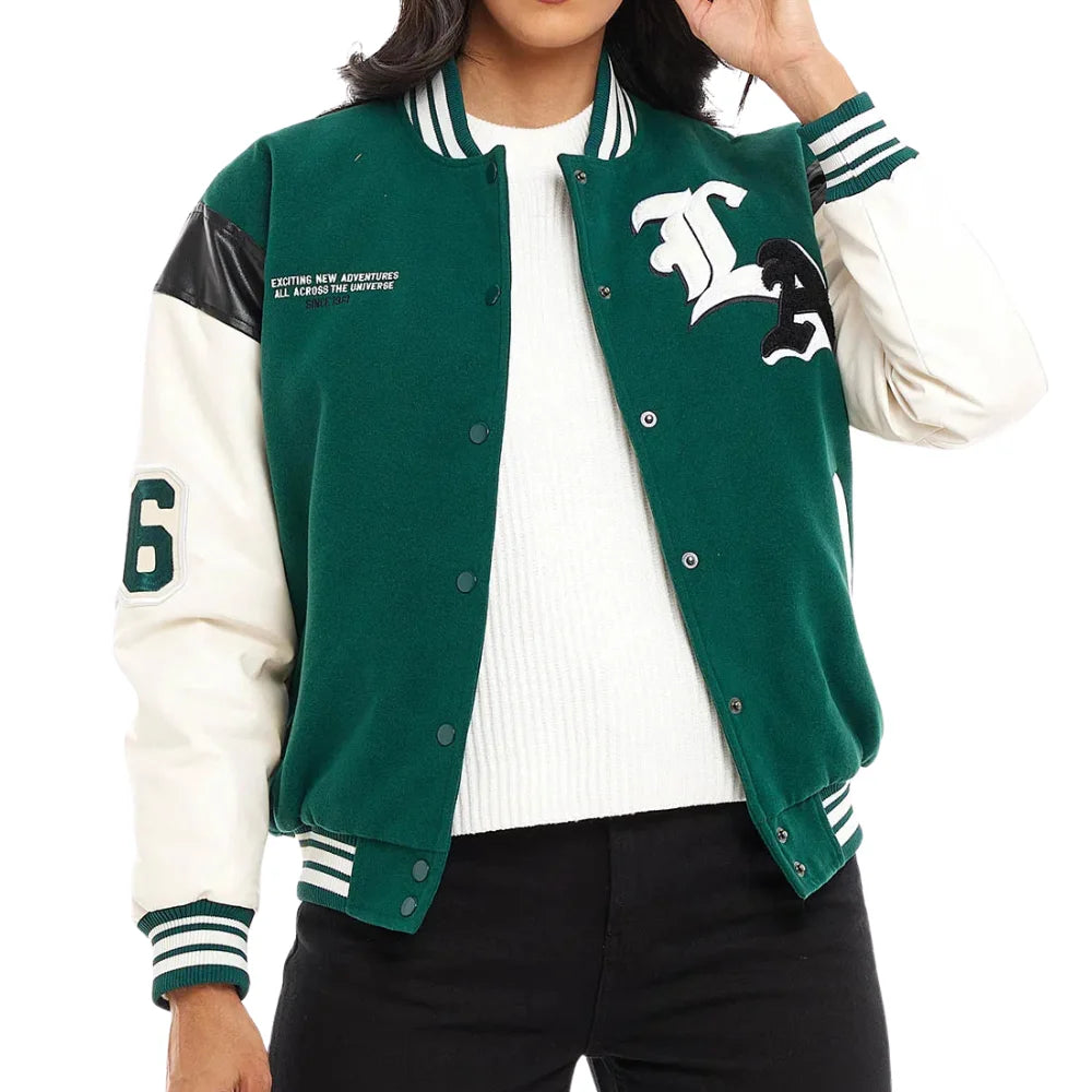 Women’s Green & White Patch Varsity Jacket