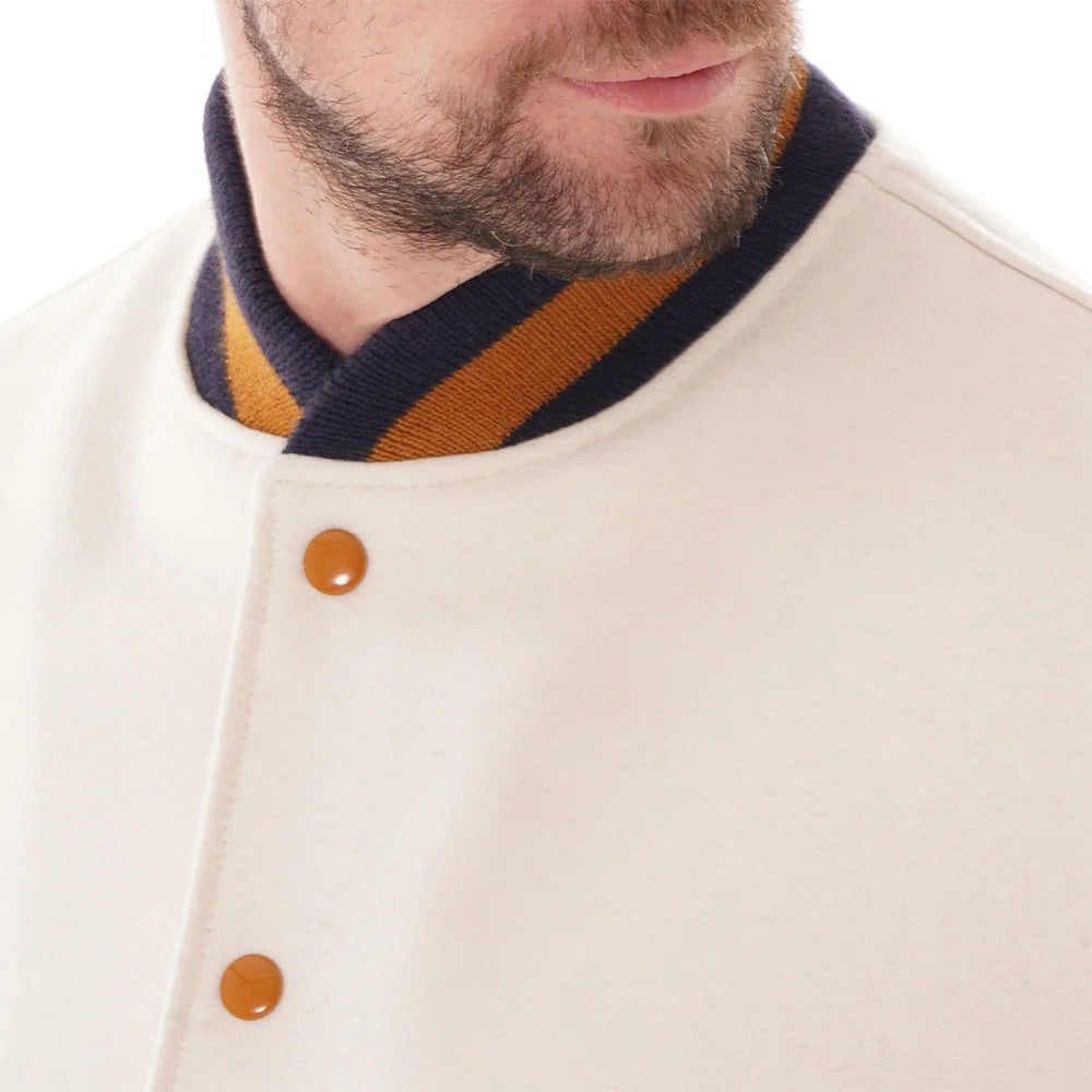 Men’s White Wool Varsity Jacket with Navy Leather Sleeves